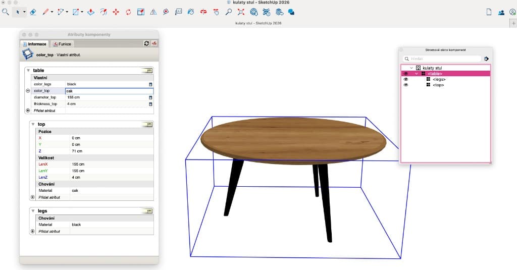 Prostředí SketchUp s okny Atributy komponenty a Stromové okno komponent – hierarchie modelu a atributy Dynamic Components