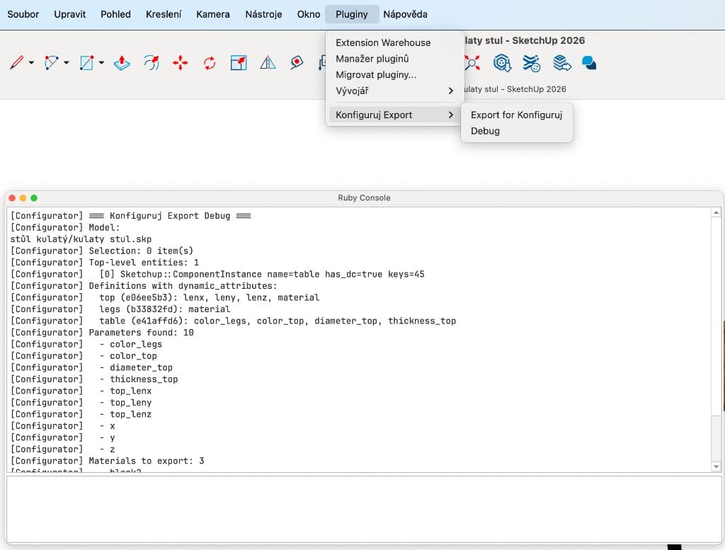 SketchUp s menu Pluginy, zvýrazněné Debug, a Ruby Console s výstupem ladění Konfiguruj Export