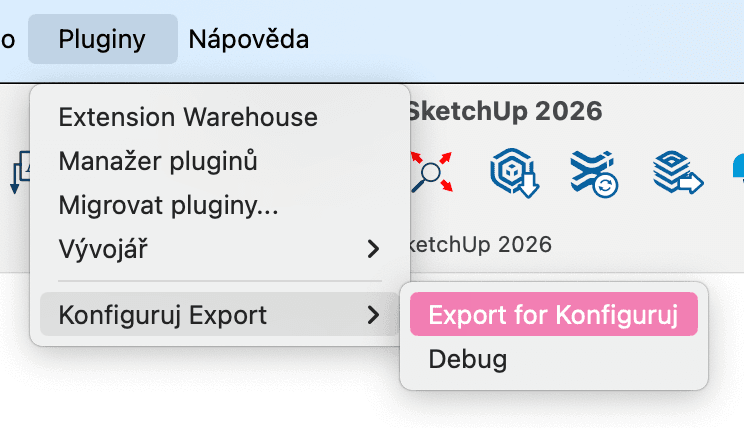Menu Pluginy s podmenu Konfiguruj Export a položkou Export for Konfiguruj