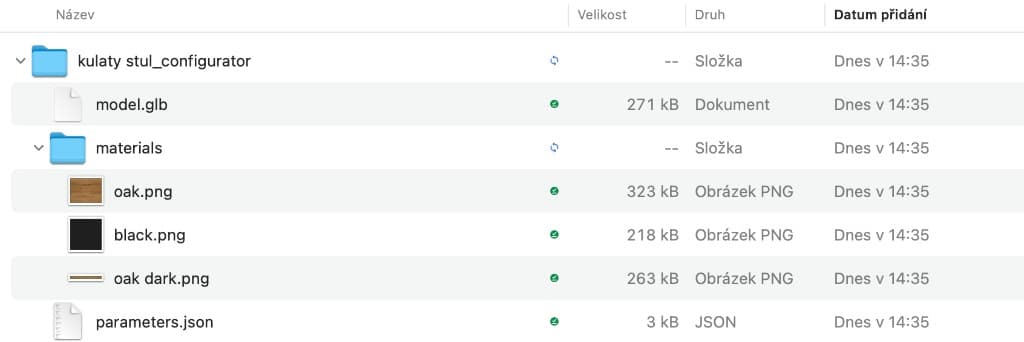Prohlížeč souborů: model.glb, parameters.json a volitelně podsložka s texturami PNG